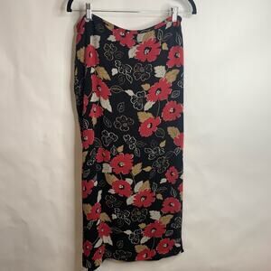 Casual Corner Black Floral Midi Skirt Silk Sz 12